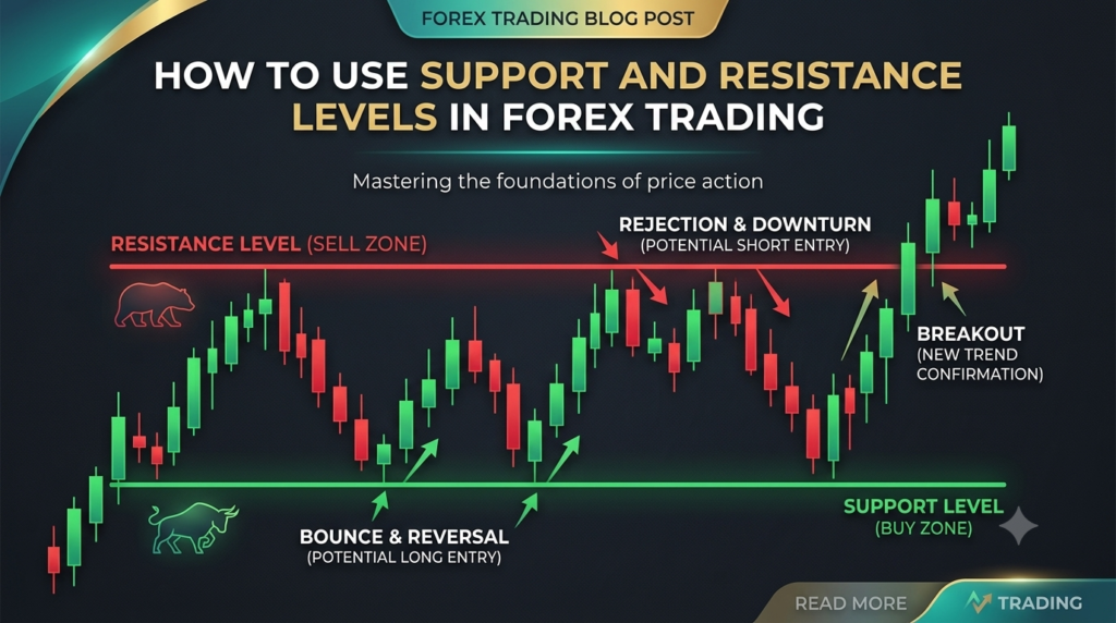 Forex trading infographic showing support and resistance levels on a candlestick chart with buy and sell zones.