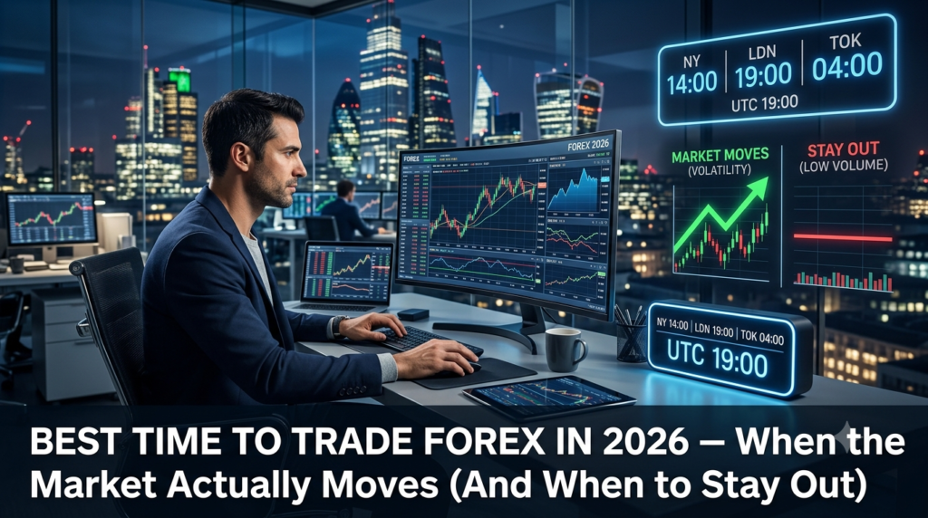 A professional forex trader analyzing financial charts in a modern trading room with digital displays showing global market hours for London, New York, and Tokyo sessions in 2026.