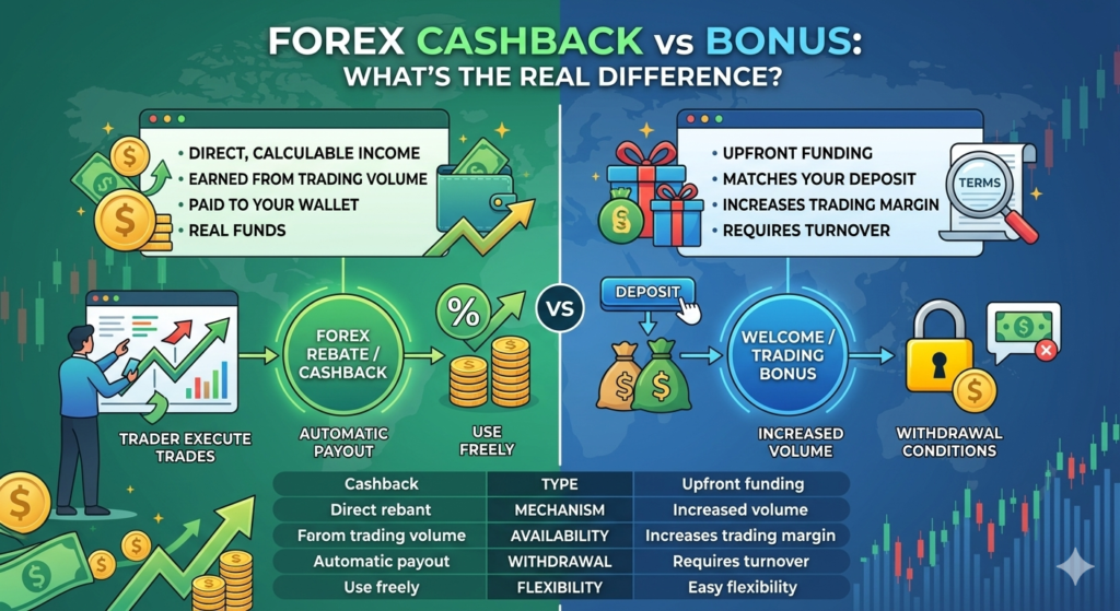 "Infographic comparing Forex cashback vs. trading bonuses, highlighting the key differences in payout, flexibility, and withdrawal conditions for traders."
