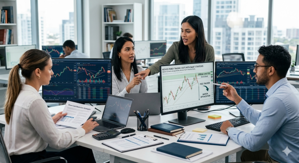 A team of financial analysts in a modern office discussing smart strategies to reduce Forex trading costs and optimize spreads on computer screens.
