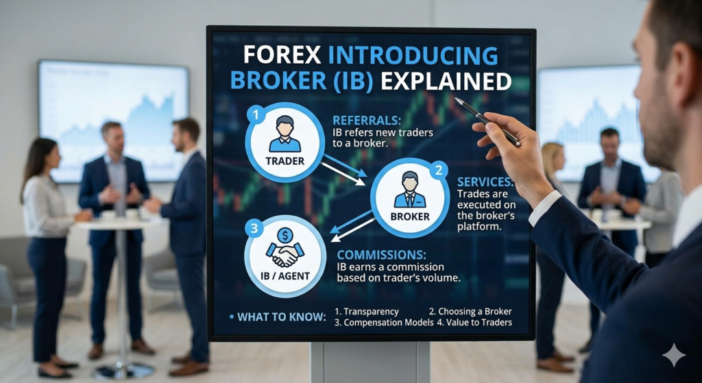"A professional infographic explaining the Forex Introducing Broker (IB) model, showing the relationship between traders, brokers, and agents, and highlighting key compensation and referral factors."