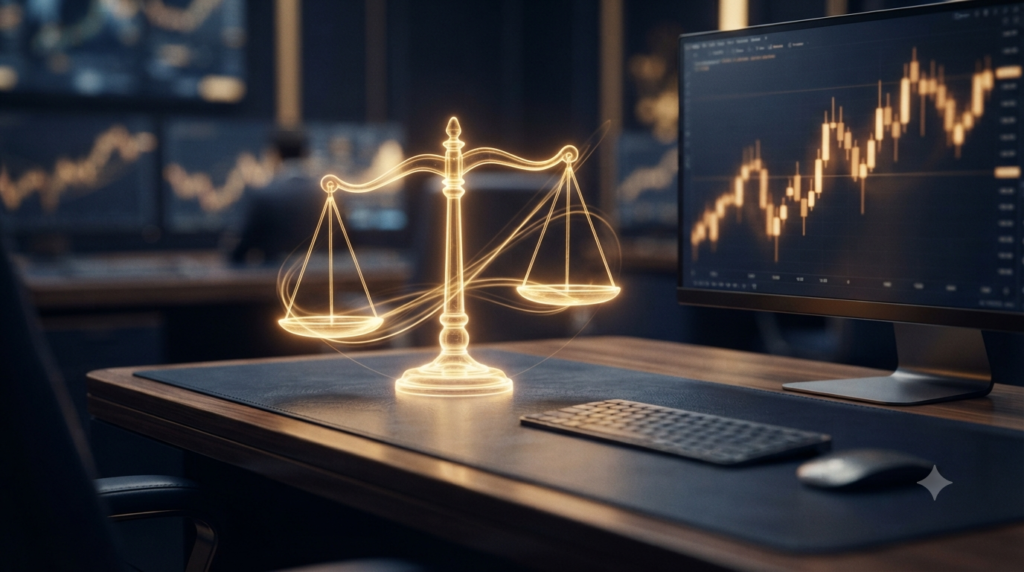 A glowing digital scale made of golden light on a dark navy desk next to a financial trading chart, representing the balance between trading leverage and controlled risk.