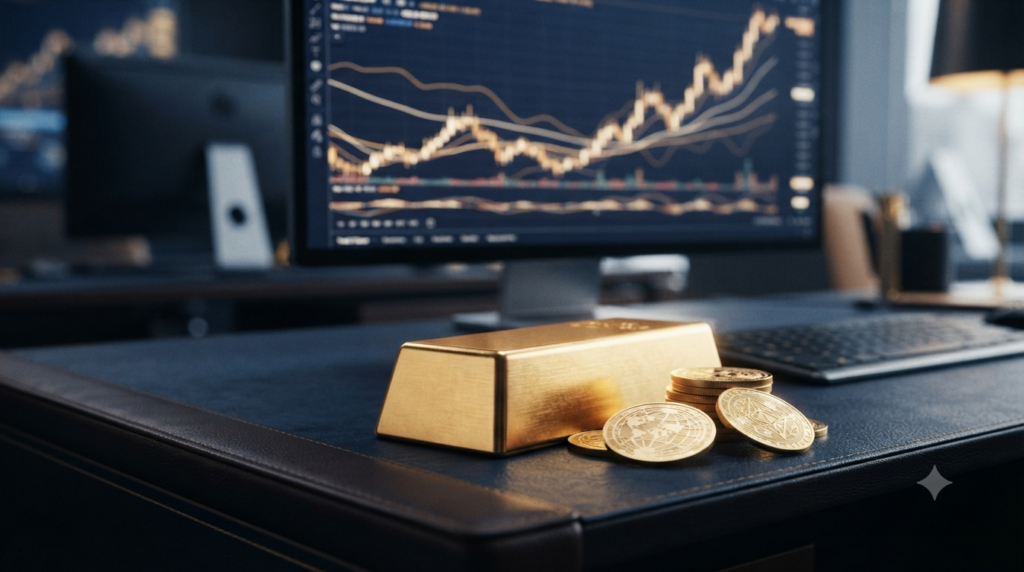 Golden bar and coins on a dark trading desk with glowing forex charts in the background, representing luxury gold trading.