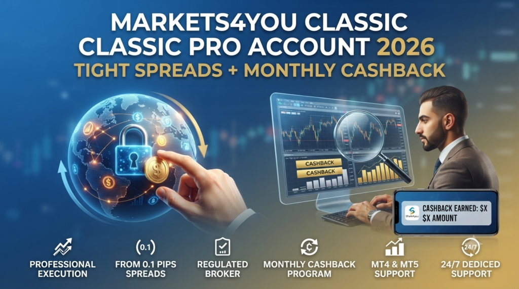 A professional financial review infographic banner titled "MARKETS4YOU CLASSIC PRO ACCOUNT 2026" with the tagline "TIGHT SPREADS + MONTHLY CASHBACK". It features a globe, a trader, charts with a magnifying glass, and icons for features like 0.1 pips spread and regulated status.