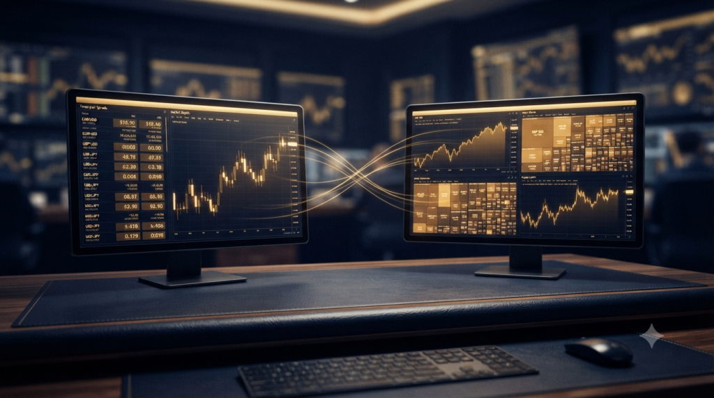 Two digital trading screens on a dark navy desk displaying different market data, pricing structures, and instrument charts, connected by subtle golden light trails representing diverse trading strategies.