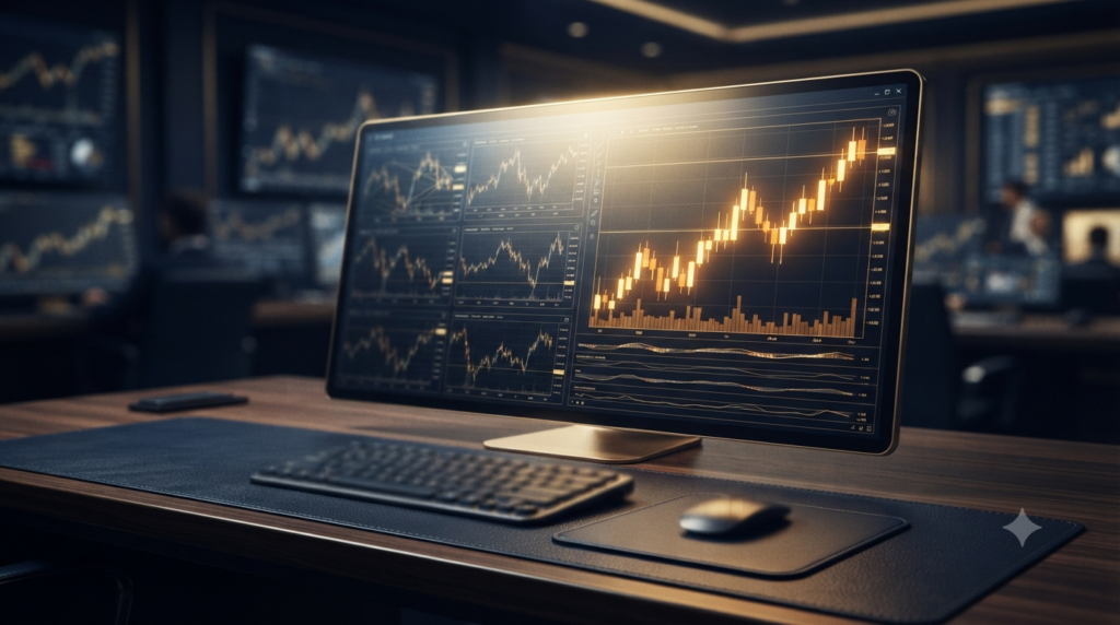 A high-end trading monitor showing the transition from multiple small social copy trading charts to a single, brightly glowing independent gold candlestick chart, symbolizing professional growth and self-reliance.