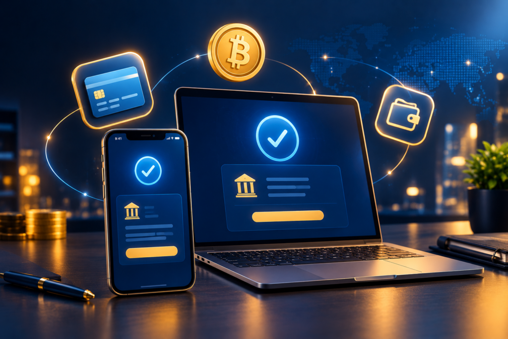 Modern fintech scene with a laptop and smartphone showing withdrawal confirmation screens, surrounded by bank card, Bitcoin, and e-wallet icons.