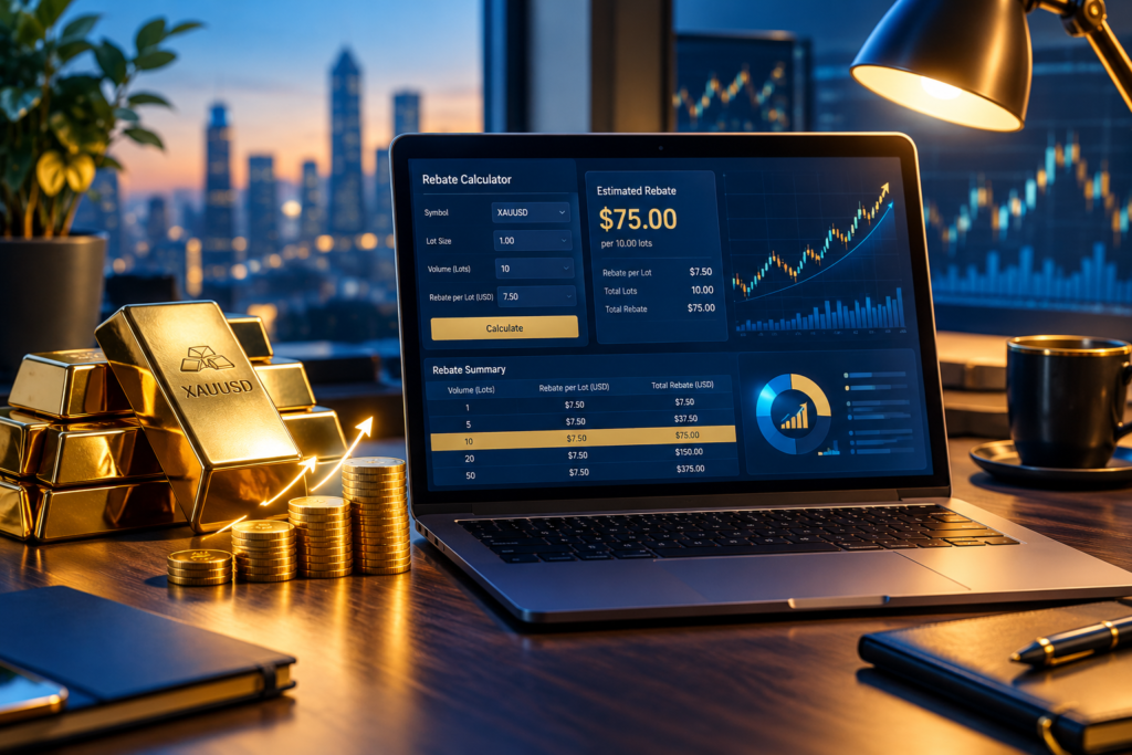 Modern fintech trading desk with a laptop displaying a gold trading rebate calculator for XAUUSD, gold bars, and rising coin stacks.
