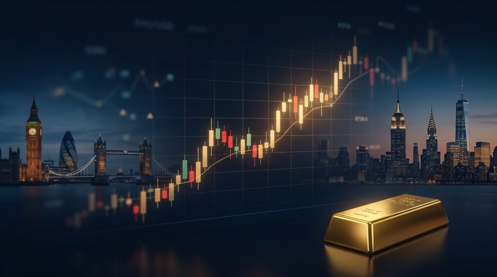 A moody, cinematic editorial finance illustration featuring a glowing gold price candlestick chart against a dark background, blended with subtle silhouettes of the London and New York skylines and a gold ingot.