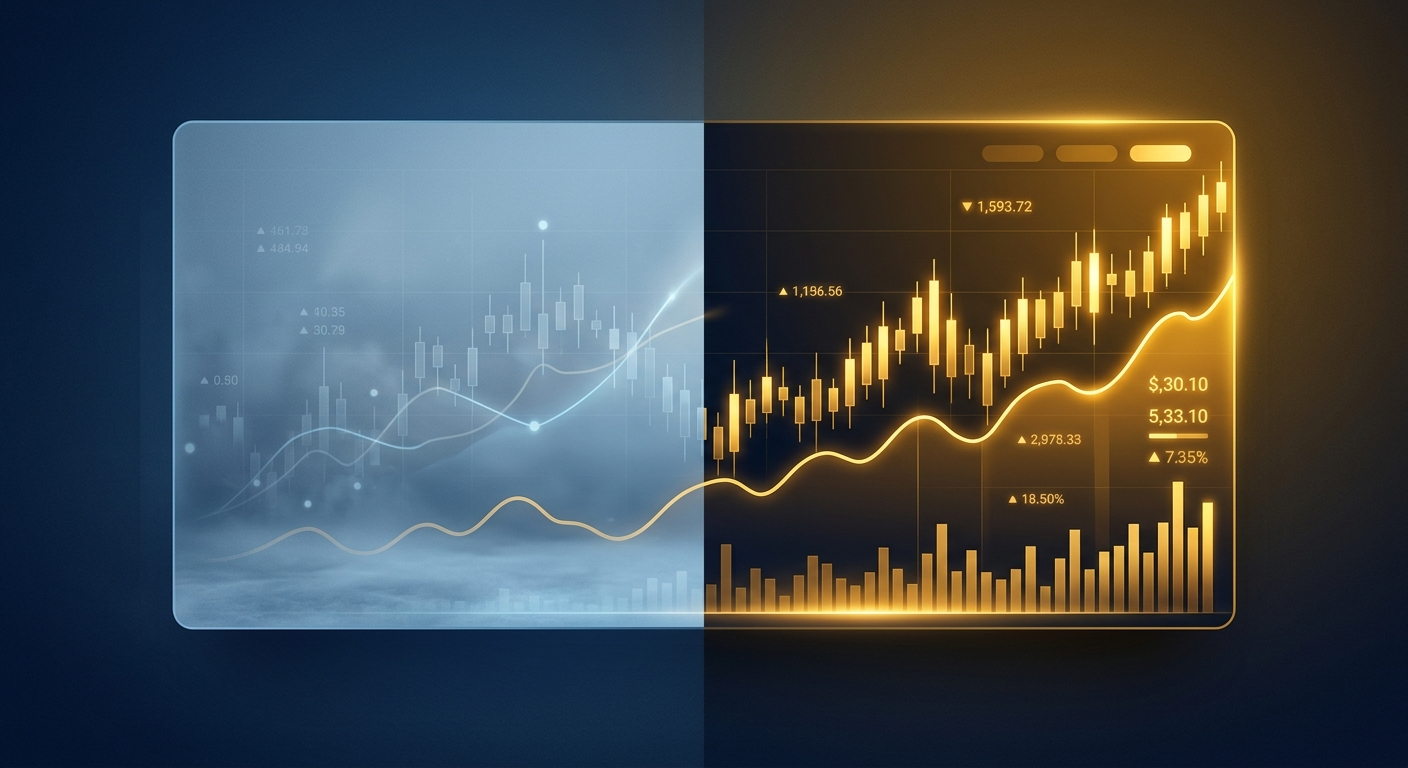 Split illustration showing a demo trading screen transitioning into a real Exness trading account