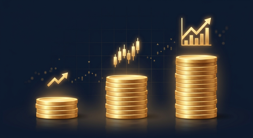 A clean fintech illustration featuring three ascending stacks of gold coins with glowing chart icons floating above them, set against a dark navy background.